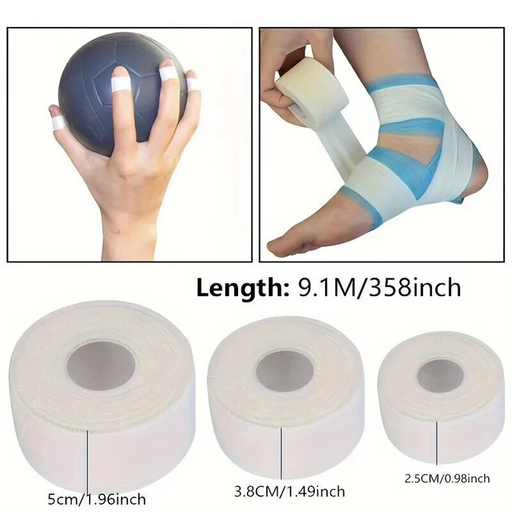 Rolls of athletic support tape showing various lengths and widths for sports injuries
