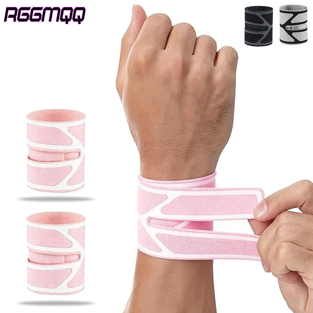 Pink dual wrist support braces shown on a hand and packaged in black and white.
