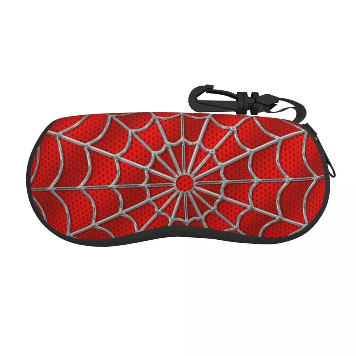 A red and gray spider web patterned pouch for eyeglasses with a black strap.