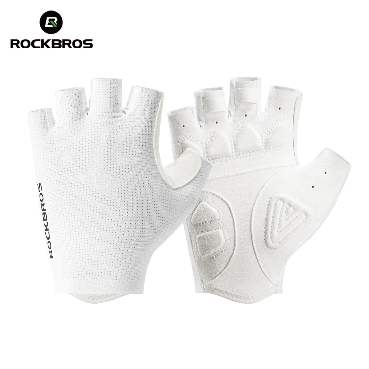 White breathable cycling gloves for mountain biking riding shown against a white background.