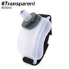 A clear, transparent hydration bottle with a black silicone strap and a gray cap.