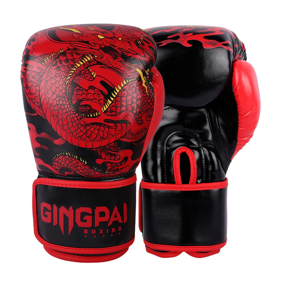 Paar rote und schwarze professionelle Boxhandschuhe mit Drachendesign