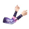 A person is wearing purple and white UV protection cooling arm sleeves while gesturing with their hands.