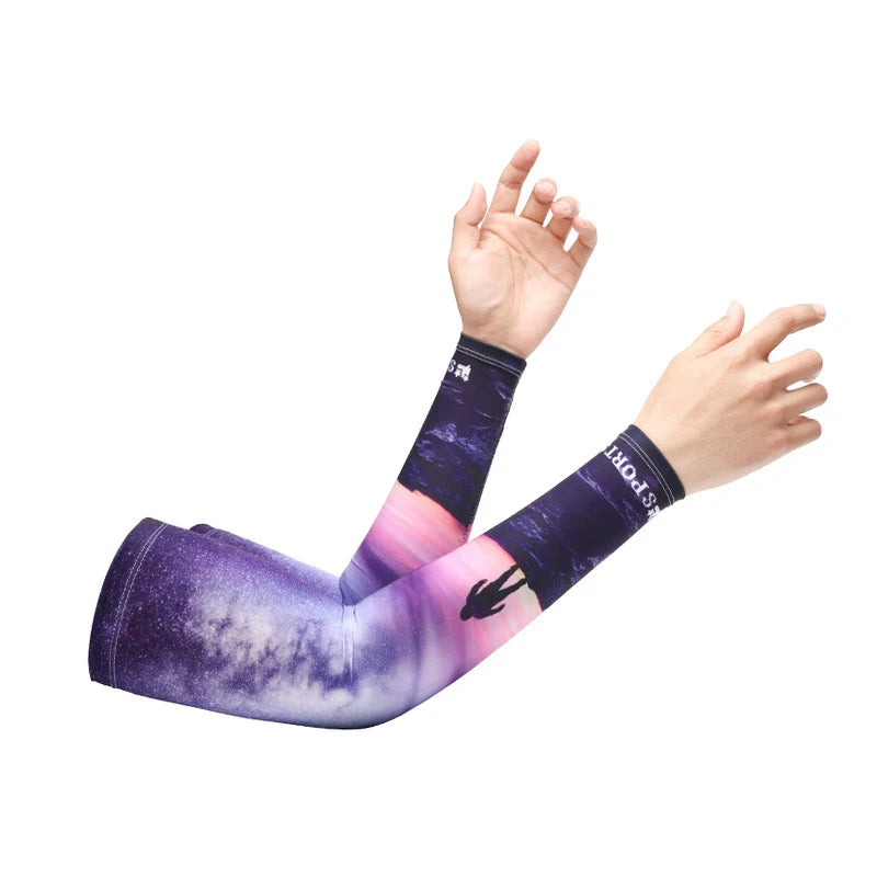 A person is wearing purple and white UV protection cooling arm sleeves while gesturing with their hands.