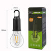 A Type-C USB rechargeable LED camping lamp with a clear bulb and black housing shown next to its packaging.