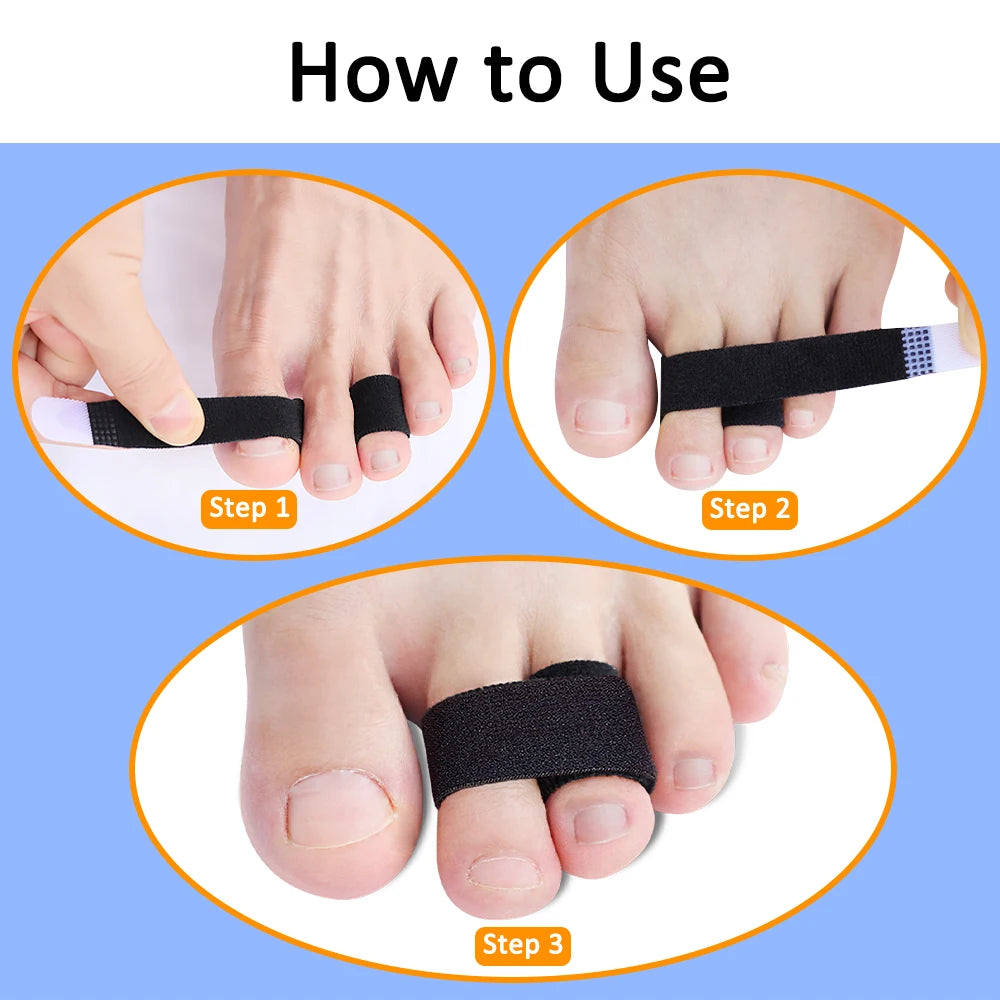 Three steps demonstrating how to use orthopedic toe wraps on a foot.