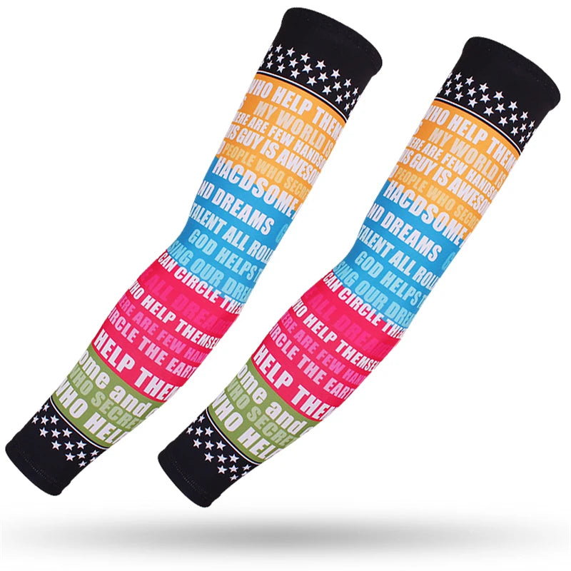 A set of multi-use sports arm sleeves featuring patriotic text and patterns for UV protection.