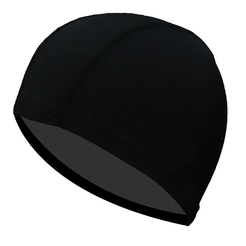 A black ultra-thin nylon swimming cap shown from the side.