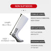 White non-slip socks shown with details on length, foot size, and features like stabilize joints and anti-slip design.