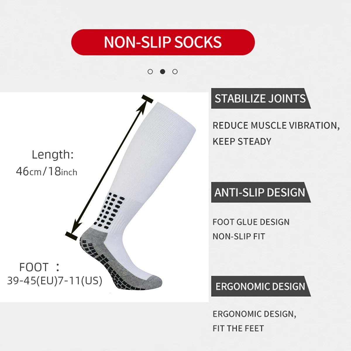 White non-slip socks shown with details on length, foot size, and features like stabilize joints and anti-slip design.