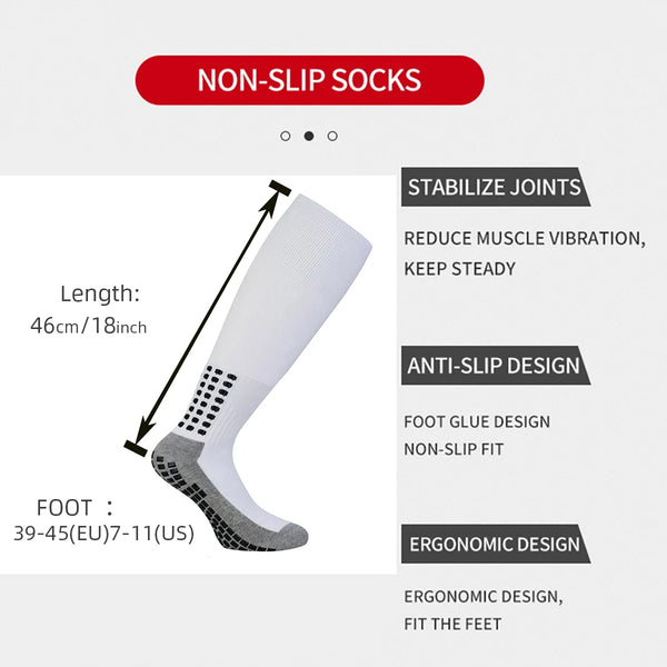 White non-slip socks shown with details on length, foot size, and features like stabilize joints and anti-slip design.