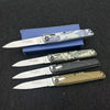 A set of three Liverlotta precision folding pocket knives displayed on a dark surface.