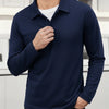 A man wearing a navy blue breathable casual polo shirt and dark pants.