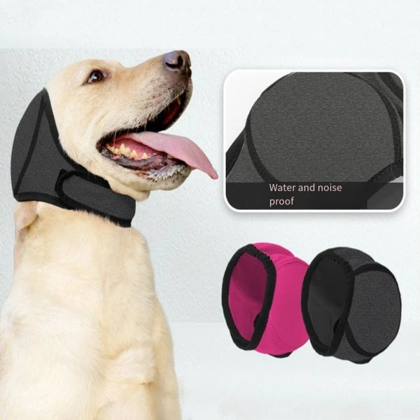 A light-colored dog wearing a black pet noise reduction ear muff, with separate pink and black muffs shown below.
