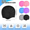 Set of five pink and purple silicone swimming caps for long hair with care instructions