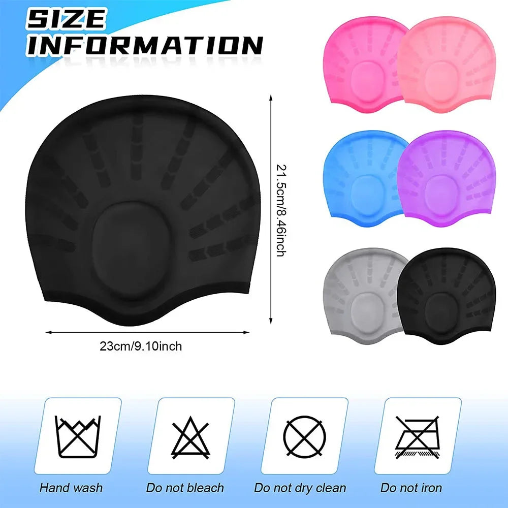 Set of five pink and purple silicone swimming caps for long hair with care instructions