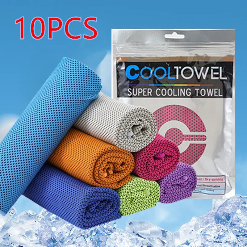 Un pack de 10 rouleaux de serviettes super-rafraîchissantes dans diverses couleurs, dont bleu, orange, violet et vert, présen