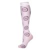 A pair of light pink compression socks with a patterned design.