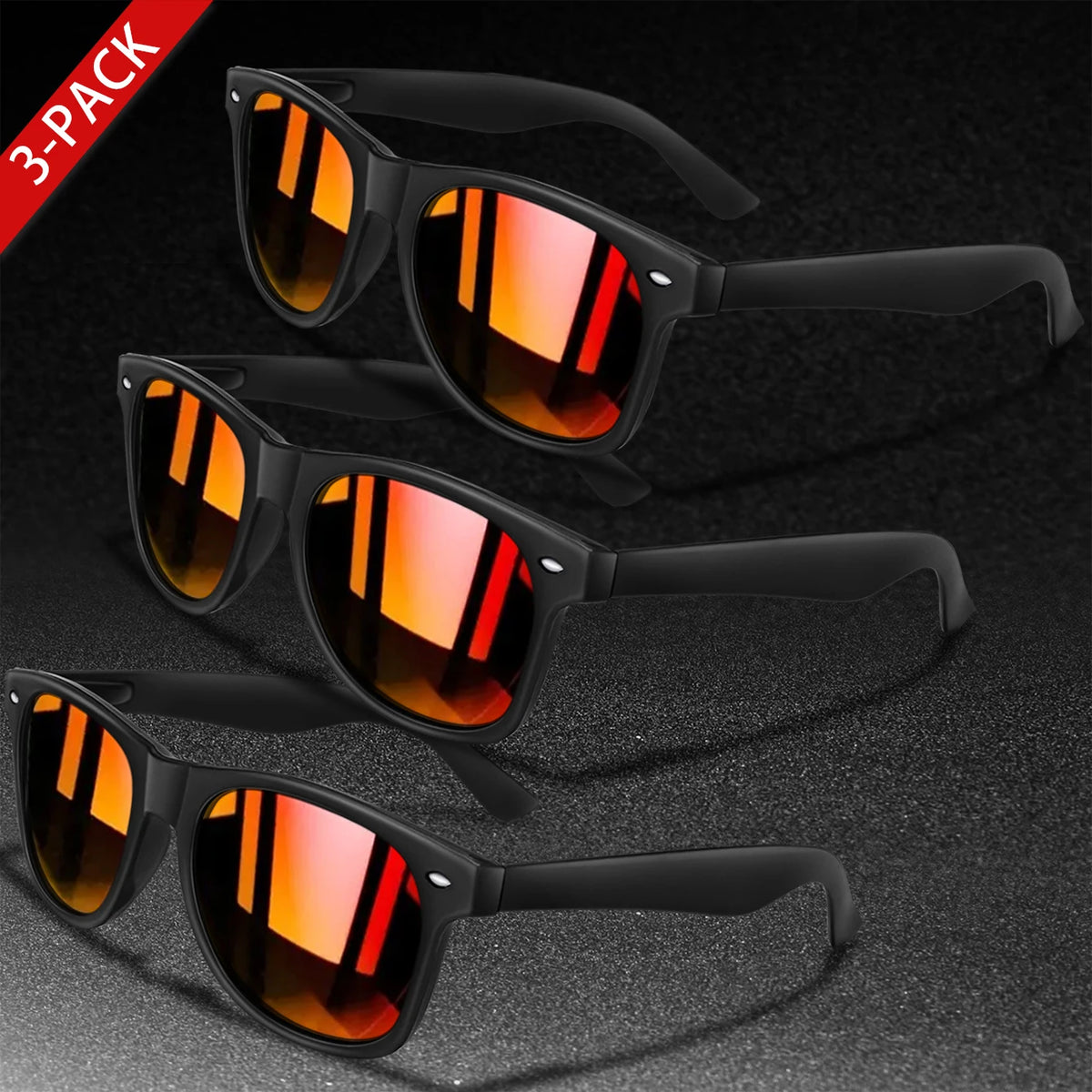 A 3-pack of retro style orange-tinted UV protection sunglasses displayed on a dark surface.