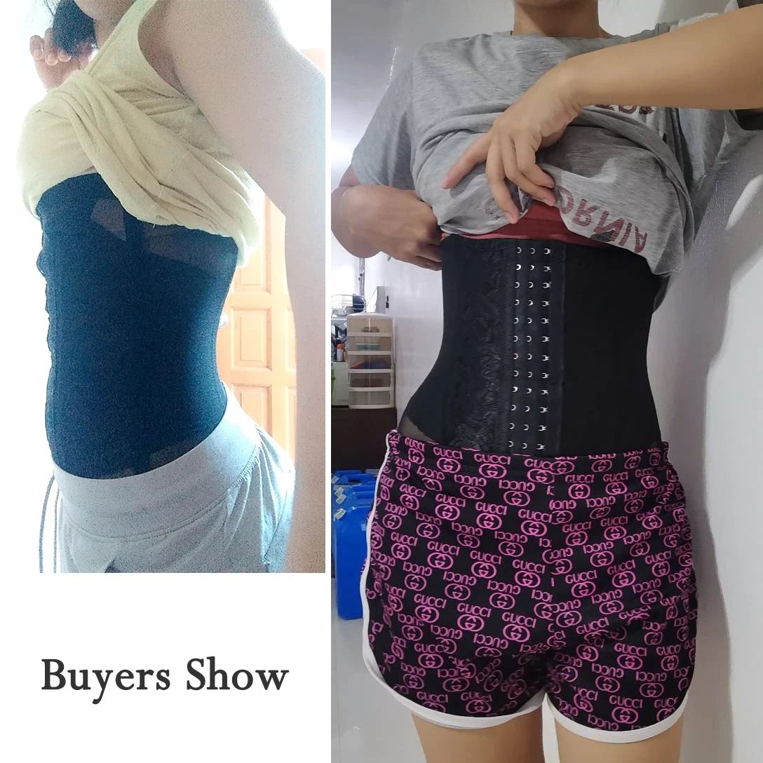 A woman models a black body shaper corset and matching shorts, demonstrating its fit.