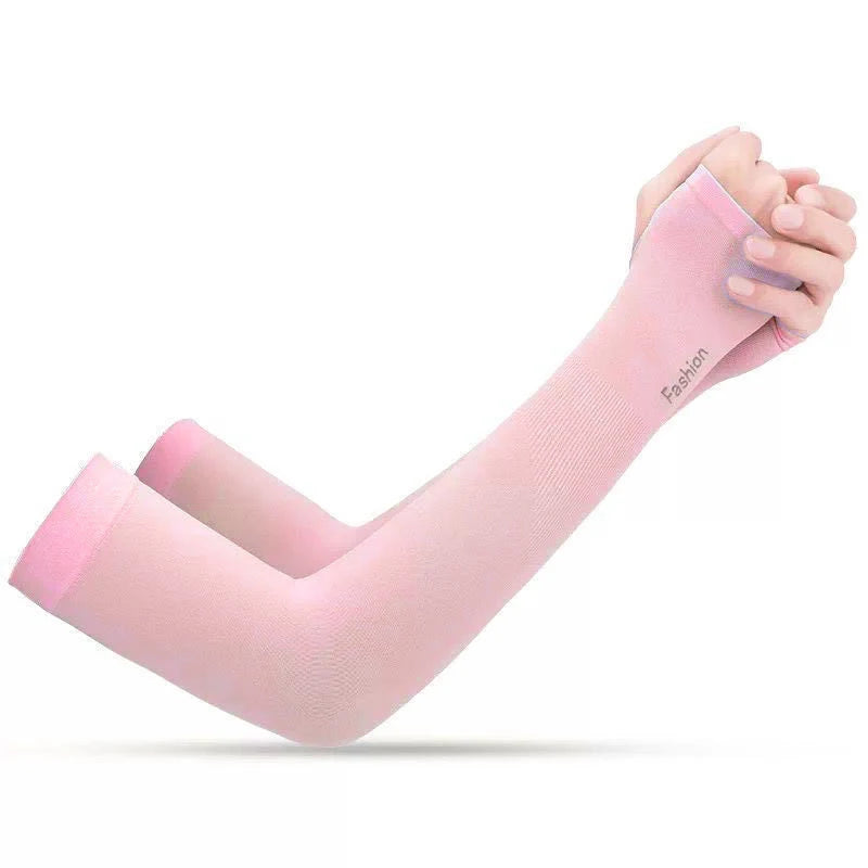 A hand wearing a light pink summer ice silk anti-sunburn arm sleeve.