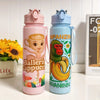 Two pink and blue insulated sports water bottles with fruit designs standing on a white surface.