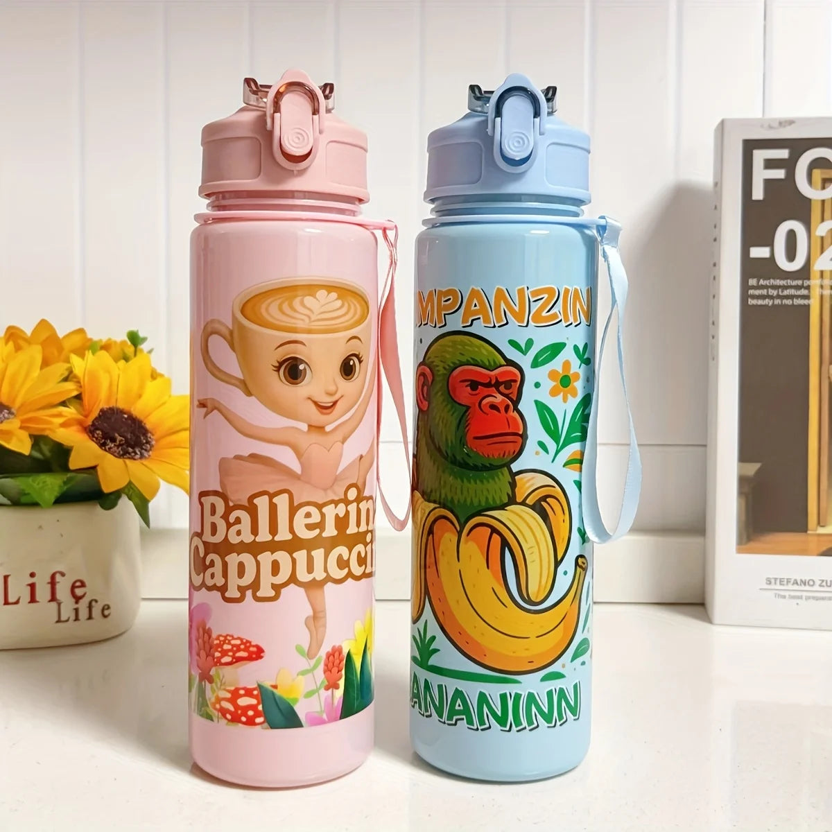 Two pink and blue insulated sports water bottles with fruit designs standing on a white surface.