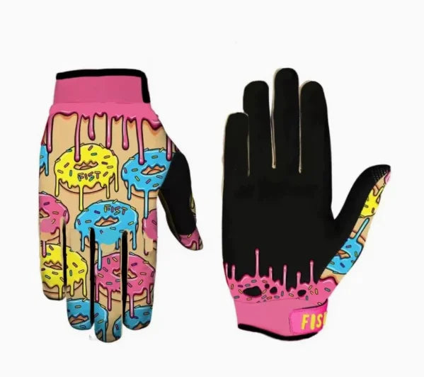 Gants de motocross roses et noirs avec éclaboussures de peinture colorée sur la paume.