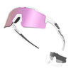 A pair of pink polarized performance sunglasses with white frames shown in a product display.