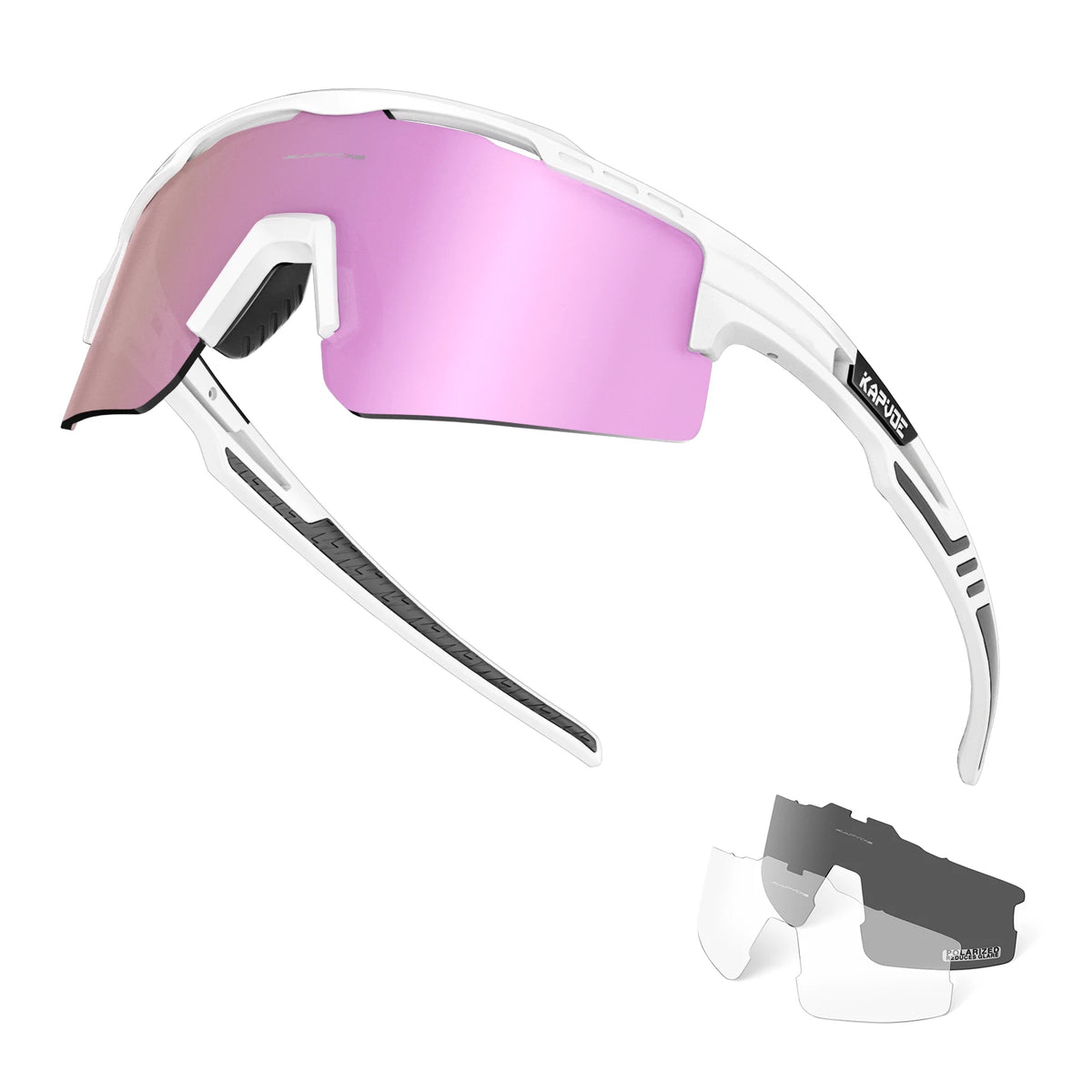 A pair of pink polarized performance sunglasses with white frames shown in a product display.