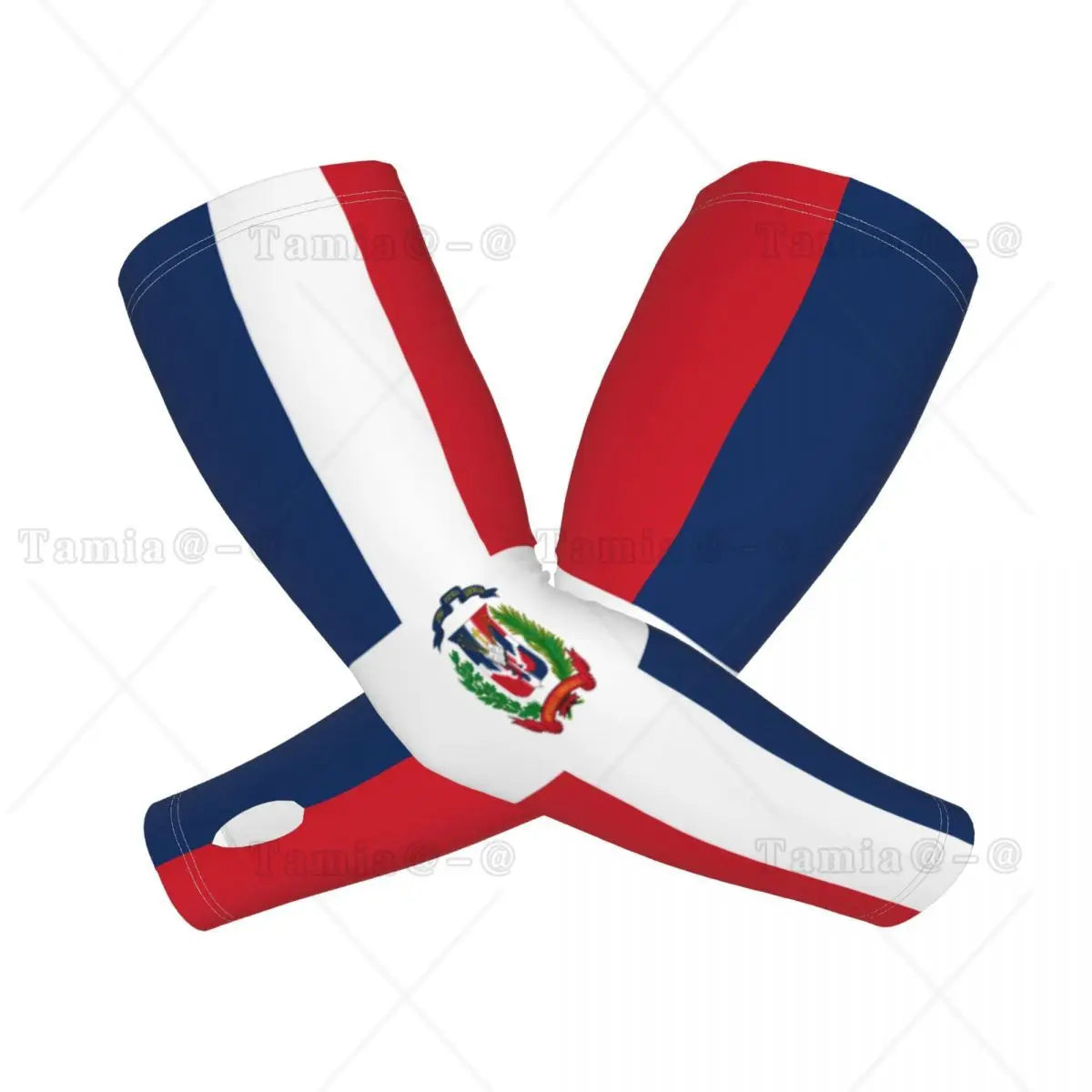 A pair of red, white, and blue UV protection arm sleeves folded and displayed against a white background.