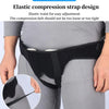 Black elastic compression strap design for an elastic waist hernia support belt worn on the abdomen.
