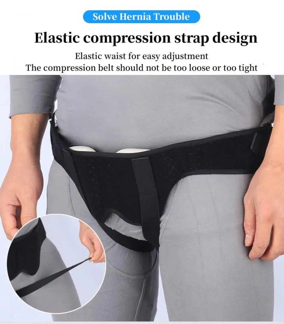 Black elastic compression strap design for an elastic waist hernia support belt worn on the abdomen.