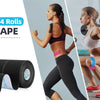 Black kinesiology tape rolls and a woman using the tape for athletic recovery exercise.