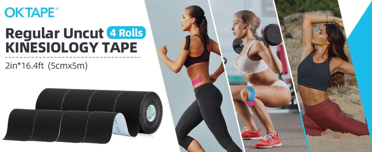 Black kinesiology tape rolls and a woman using the tape for athletic recovery exercise.