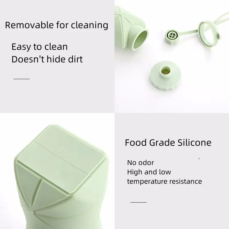 A light green silicone folding water bottle is shown with removable parts and a smooth finish.