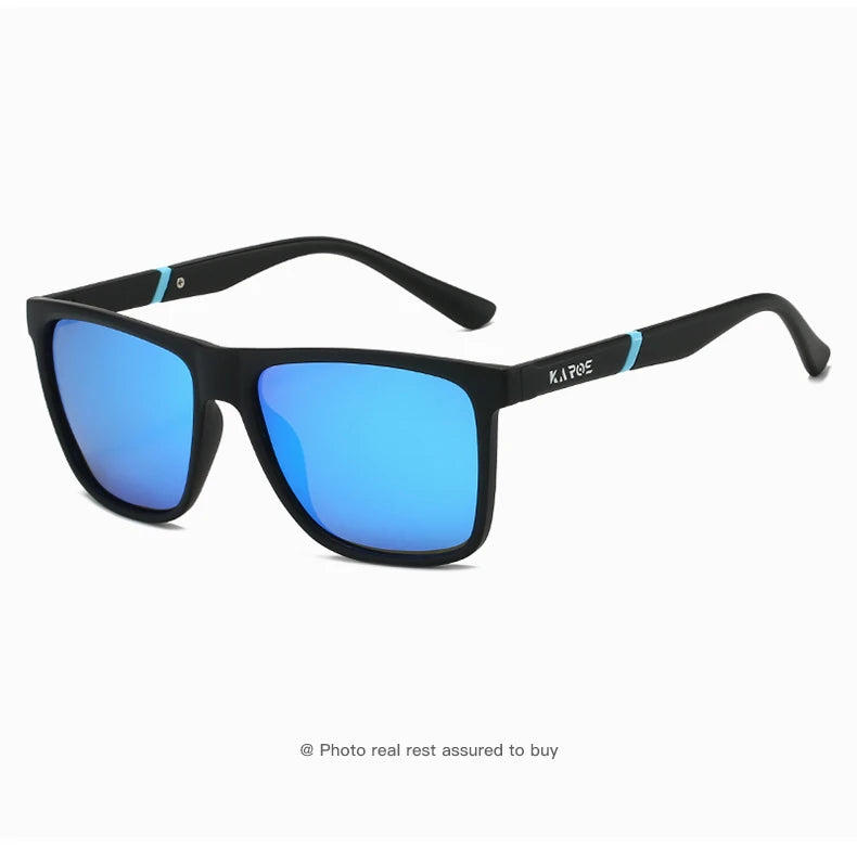 Black polarized sports sunglasses with blue lenses shown against a white background.