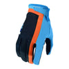 A pair of heavy duty full finger off-road motorcycle gloves in blue and black with orange accents.
