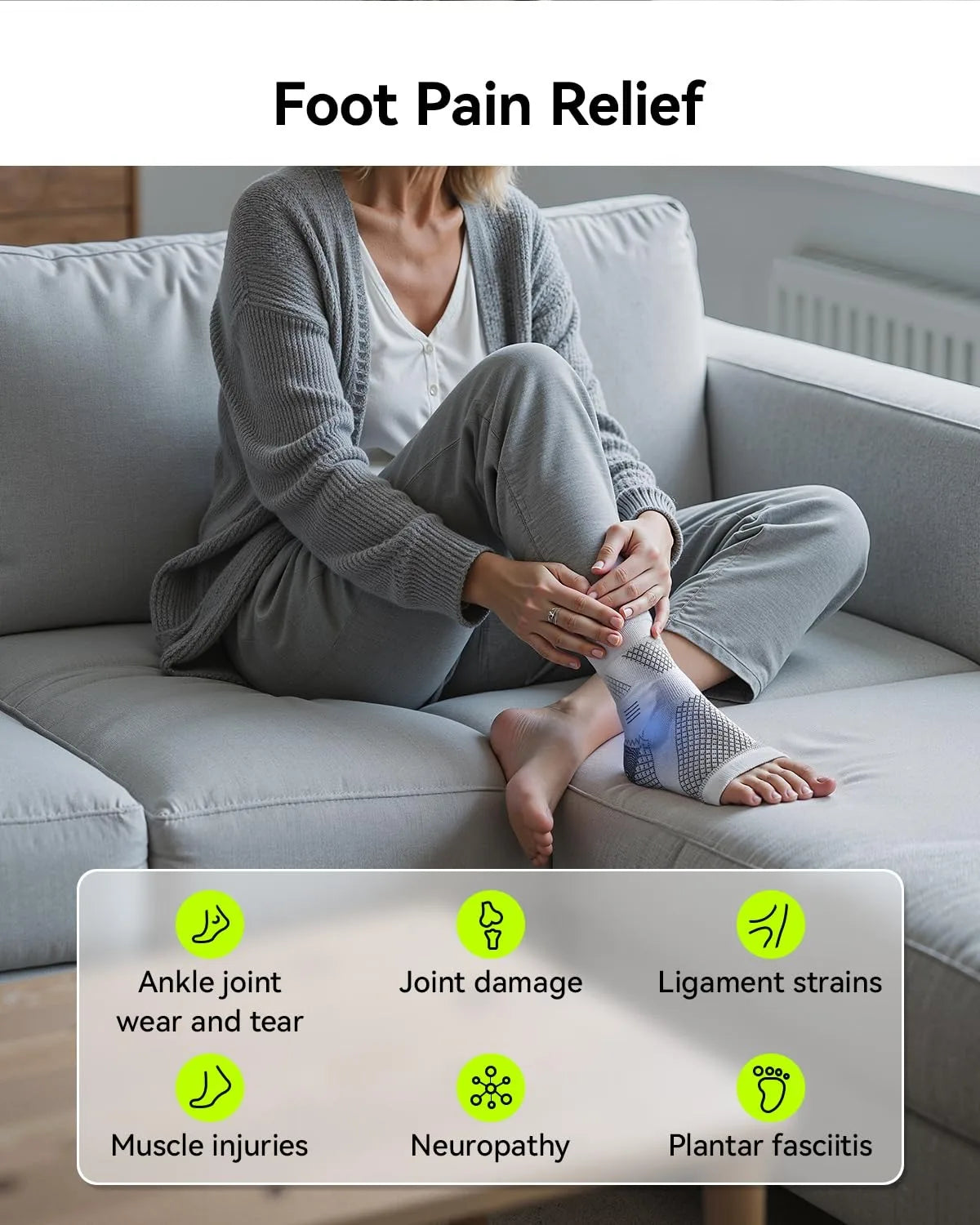 A person is sitting on a couch wearing blue foot pain relief socks while relaxing.
