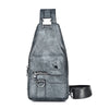 A grey leather men's crossbody bag with a silver buckle and zipper detail.