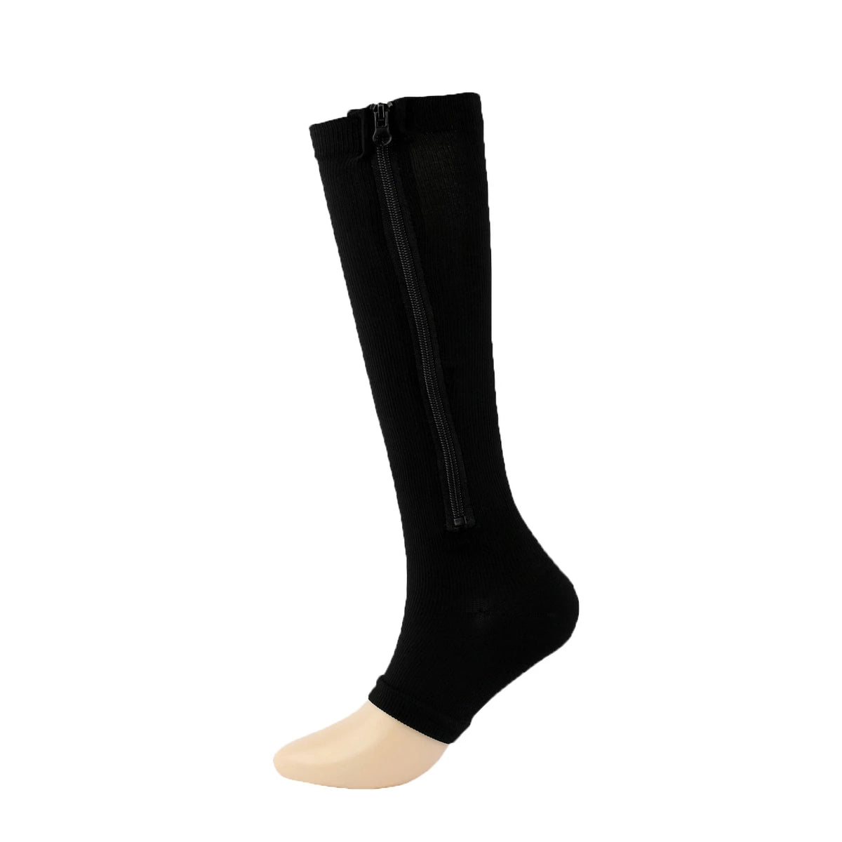 Black compression socks with a zipper detail displayed on a mannequin leg.
