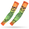 Orange arm sleeves featuring a detailed skull design for sun and heat protection