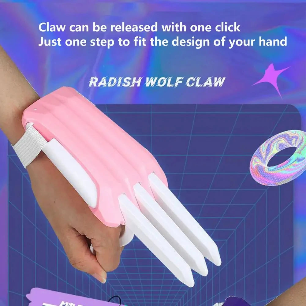A hand is holding a pink radish wolf claw fidget toy with white claws against a purple background.