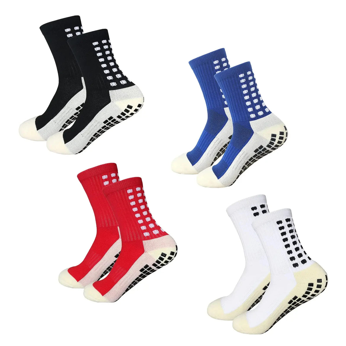 A collection of multi-sport silicone grip socks in black, white, and red colors.