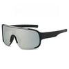 Gray sports sunglasses with black frames shown against a white background.