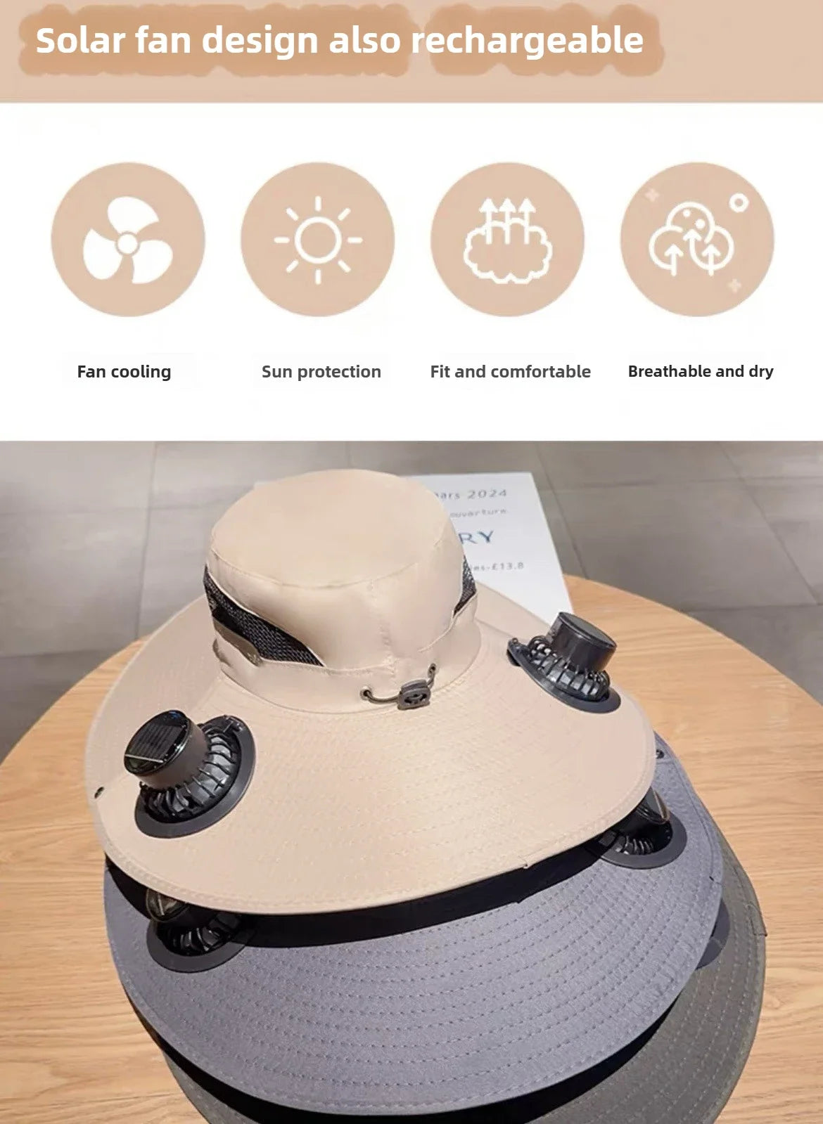 Solar-Powered Cooling Bucket Hat with USB Rechargeable Fan