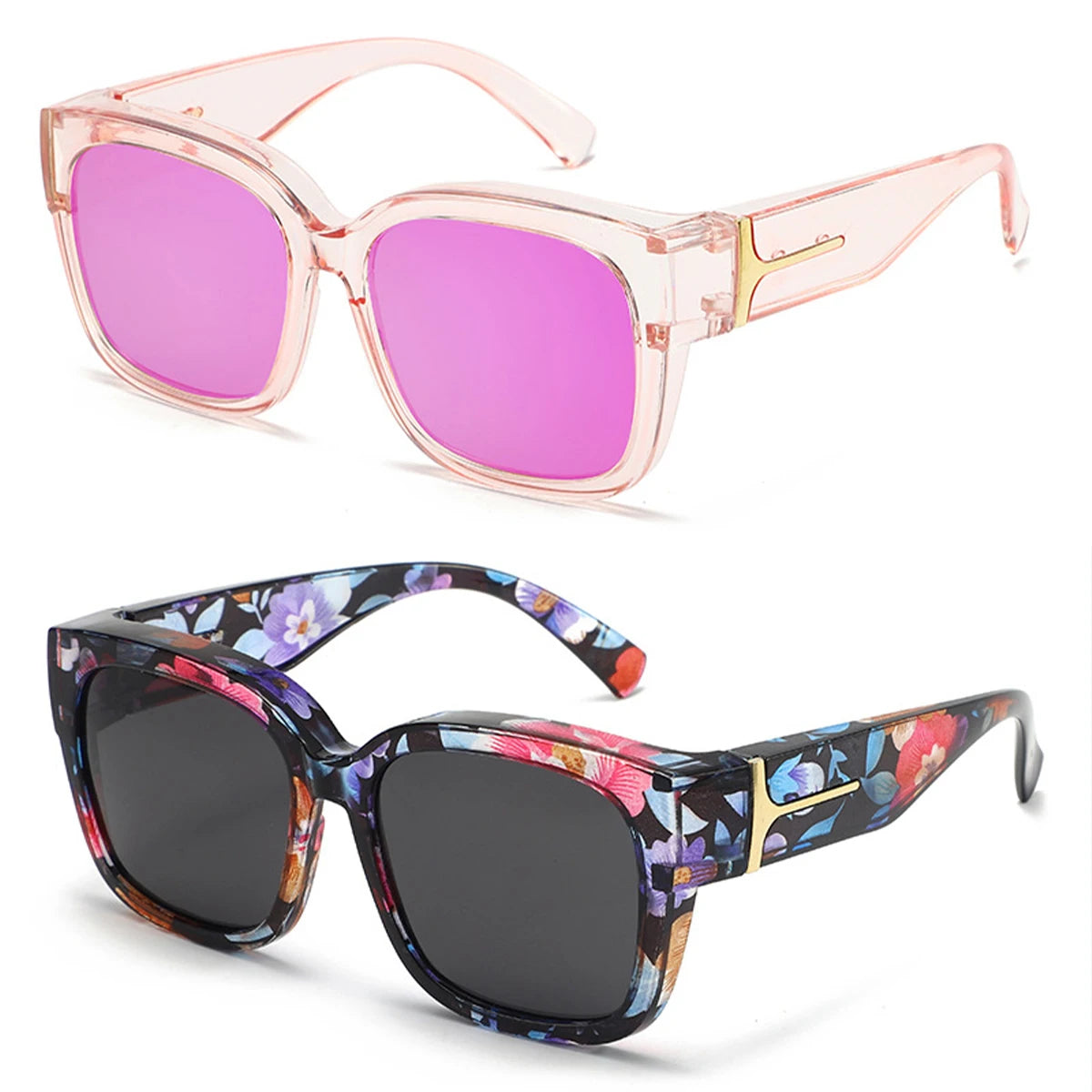 A pair of pink polarized sunglasses with gold accents shown in a close-up view.