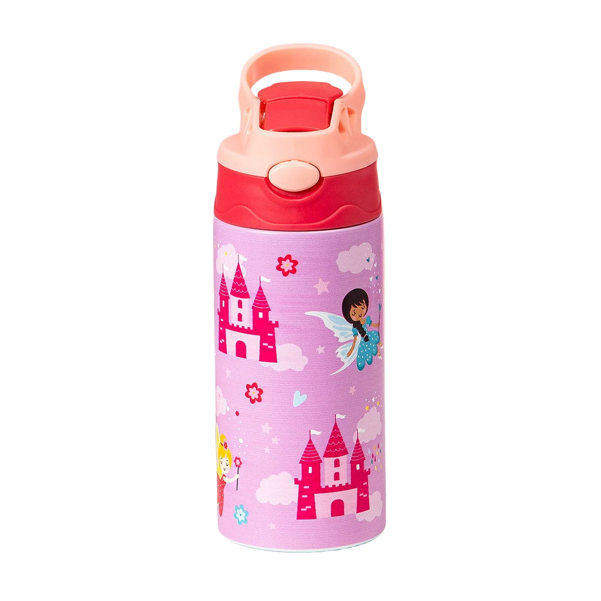 A pink and purple cartoon pattern insulated stainless steel thermos cup with a red lid.