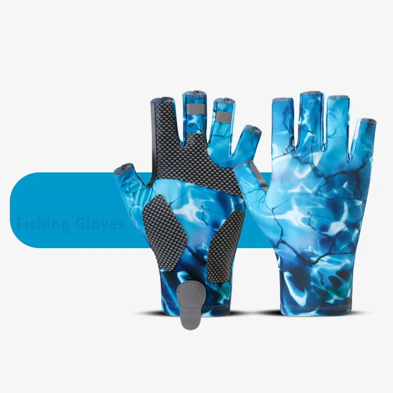 Une paire de gants de pêche bleus avec des semelles noires et un motif marbré translucide.
