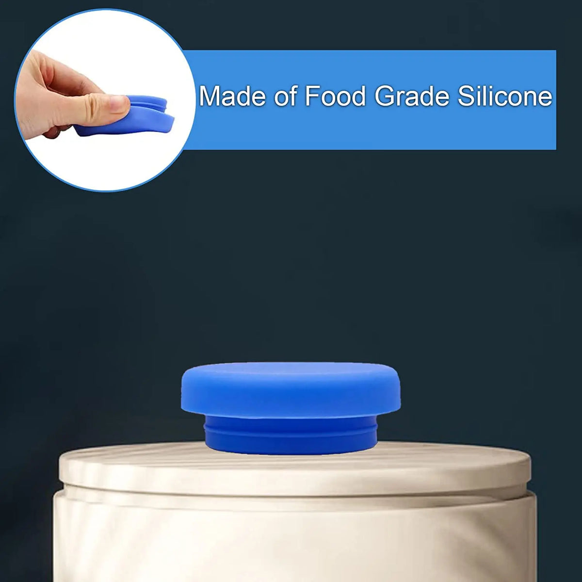 A blue silicone lid is shown being placed onto a light-colored bottle cap.